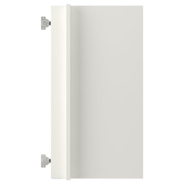 An ENHET white cabinet door with metal hinges.