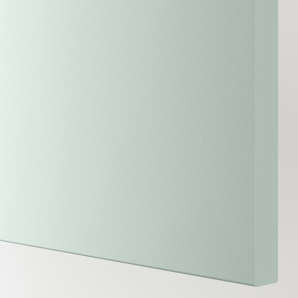 Close-up of smooth, pale green-grey cabinet door. Textured, stain-resistant surface, high-quality finish.