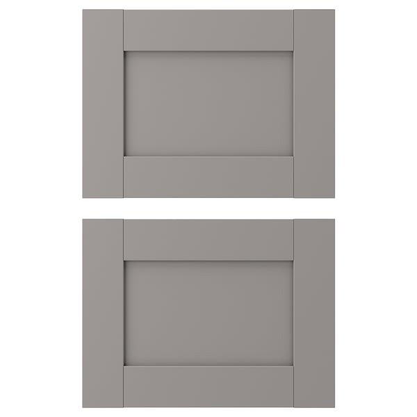 Two grey ENHET cabinet doors. Modern, rectangular design with smooth, foil-covered fiberboard panels.