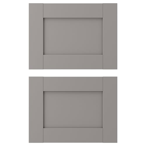 Two grey ENHET cabinet doors. Modern, rectangular design with smooth, foil-covered fiberboard panels.