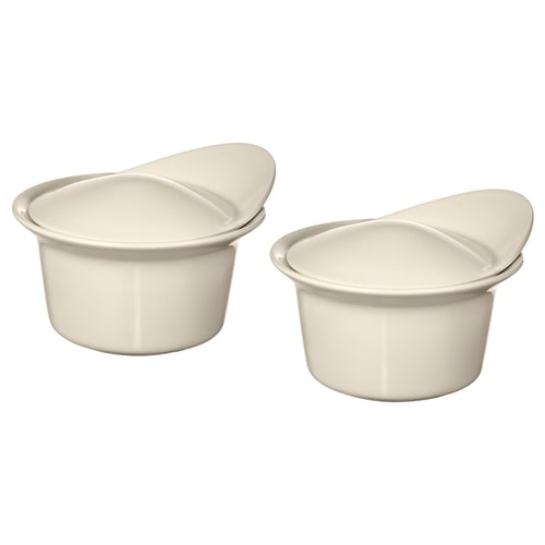 Two off-white ceramic bowls with lids, simple and round, great for serving or storing.