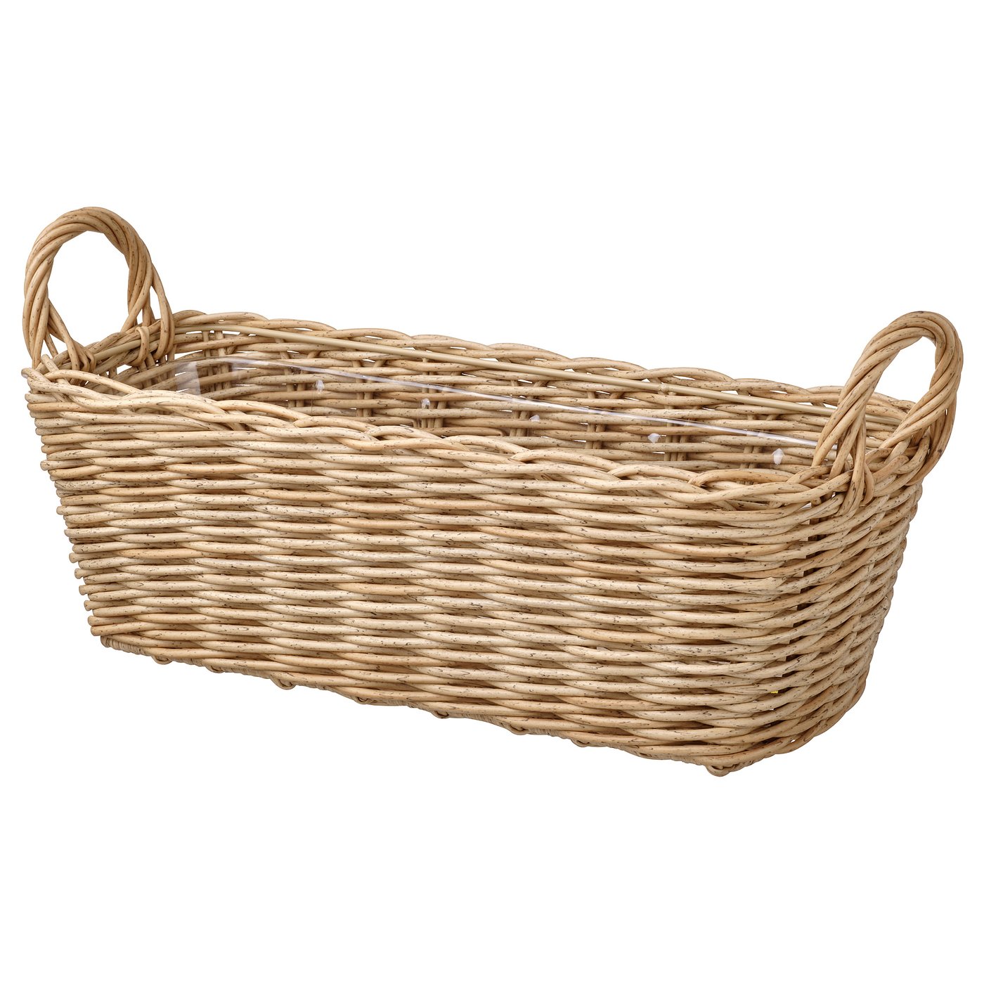 Wicker-style rectangular basket with two handles, handwoven from durable plastic, light brown colour.