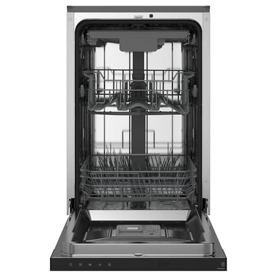 A black dishwasher with its door open, revealing three racks for dishes.
