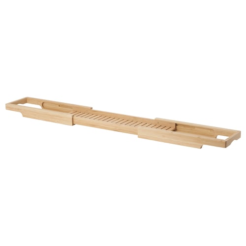 The HAVERN bamboo bath rack is adjustable, featuring slots for bath essentials, enhancing relaxation during baths.