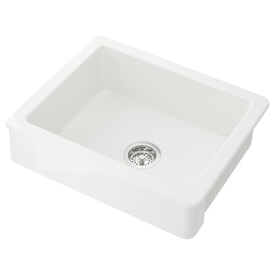 White HAVSEN ceramic kitchen sink with drain.