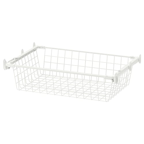 A white HJÄLPA wire basket with hooks for hanging. Its rectangular, made of steel with an epoxy coating, and designed for easy rolling.