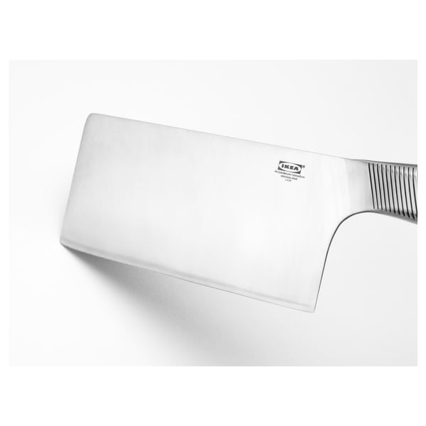 Silver stainless steel knife with grooved handle, sharp blade, labelled IKEA.
