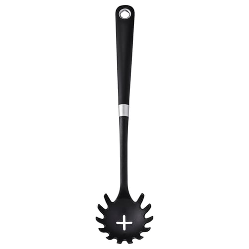Black IKEA spaghetti server, round shape, non-stick, heavy-duty handle with notch, non-slip grip, easy to store.