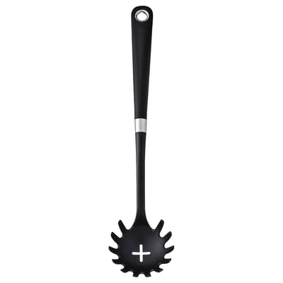 Black IKEA spaghetti server, round shape, non-stick, heavy-duty handle with notch, non-slip grip, easy to store.