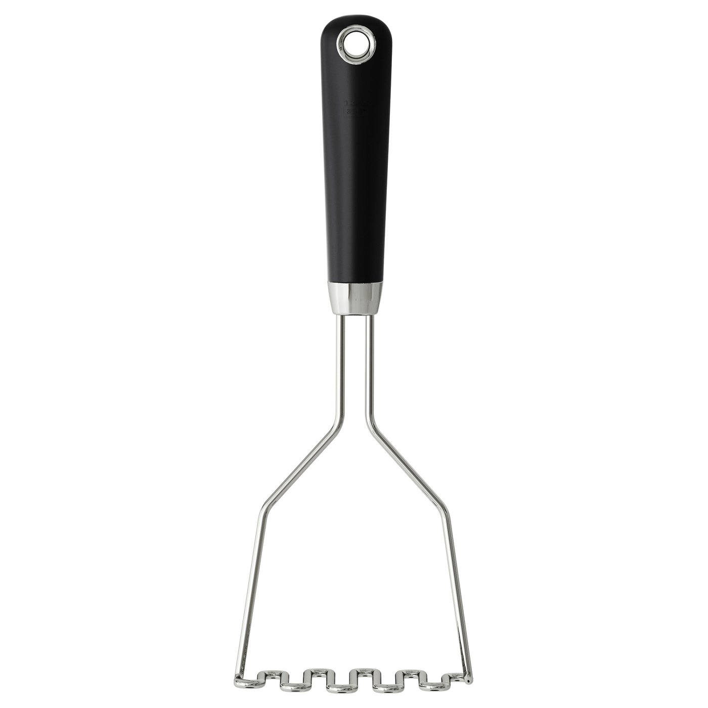 IKEA hjälte masher; black handle, stainless steel wires, y-shape, ergonomic design.