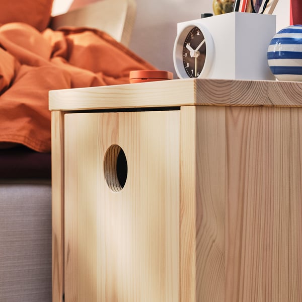 IKEA PS 2026 Bedside table, pine/with flip-down door, 30x30x50 cm