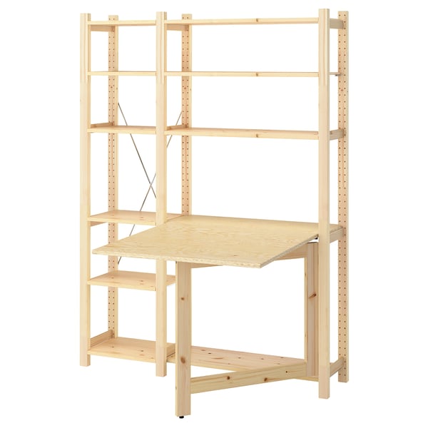 IVAR pine shelving unit with foldable desk, natural wood, rectangular, multi-leveled.