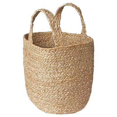 KÄLKEN natural jute basket with handles, cylindrical shape, rustic, handwoven design.