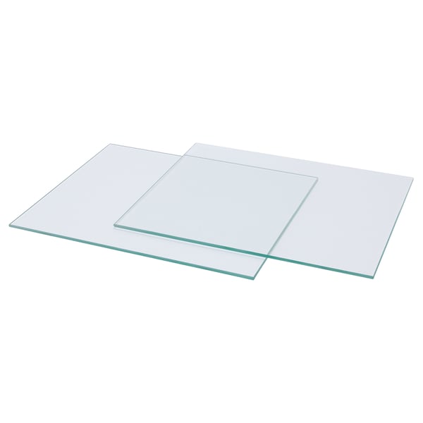 Two clear square glass sheets, one overlapping the other, sleek and minimalist design.