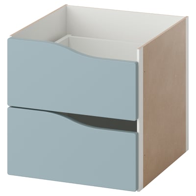 A KALLAX shelf insert with 2 blue drawers. It is rectangular with a smooth finish and curved drawer fronts.