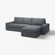 Modern grey sectional sofa with chaise, low armrests, and cosy cushions.