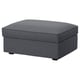 KIVIK grey fabric footstool with storage, square shape, soft cushion, dark wooden legs.