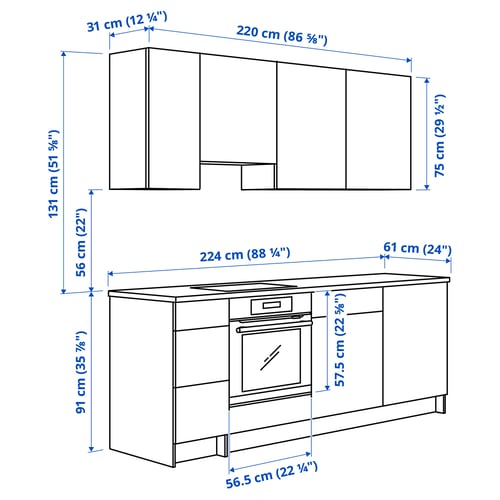 KNOXHULT Kitchen, white frame, 220x61x220 cm