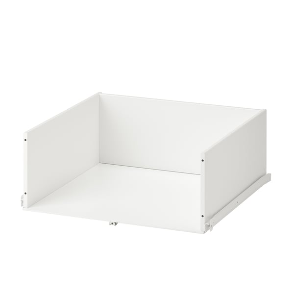 White KONSTRUERA drawer, minimalist design, rectangular shape, made of particleboard and fibreboard.