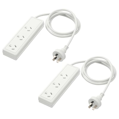Two white KOPPLA power strips with three sockets each and attached cords. Made from abs plastic.