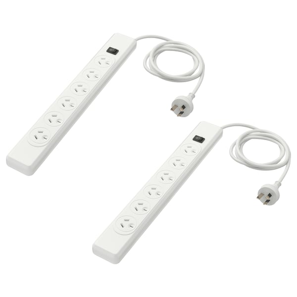 Two white KOPPLA surge protectors with six sockets each, switch, and cables.