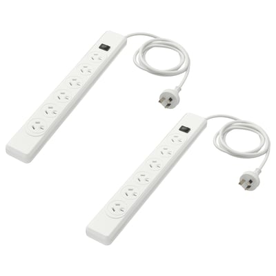 Two white KOPPLA surge protectors with six sockets each, switch, and cables.