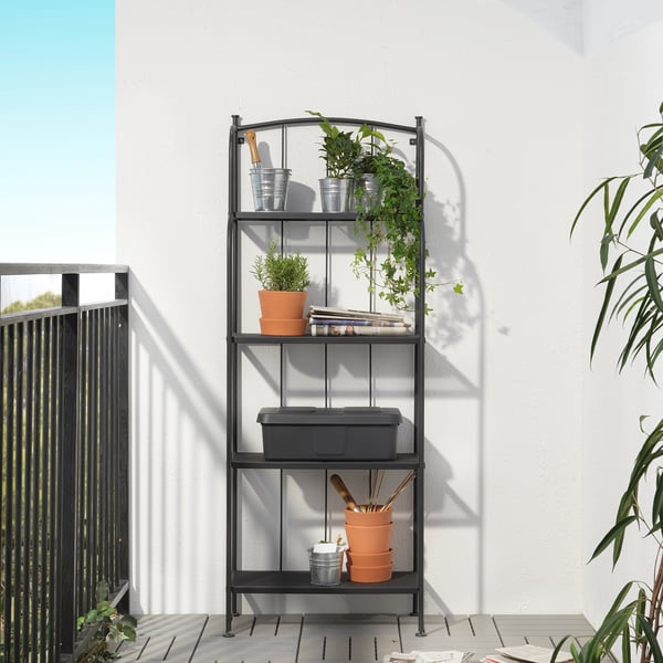LÄCKÖ black metal bookshelf, 4 shelves, outdoor use. Holds plants, books, tools. Tall, adjustable feet.