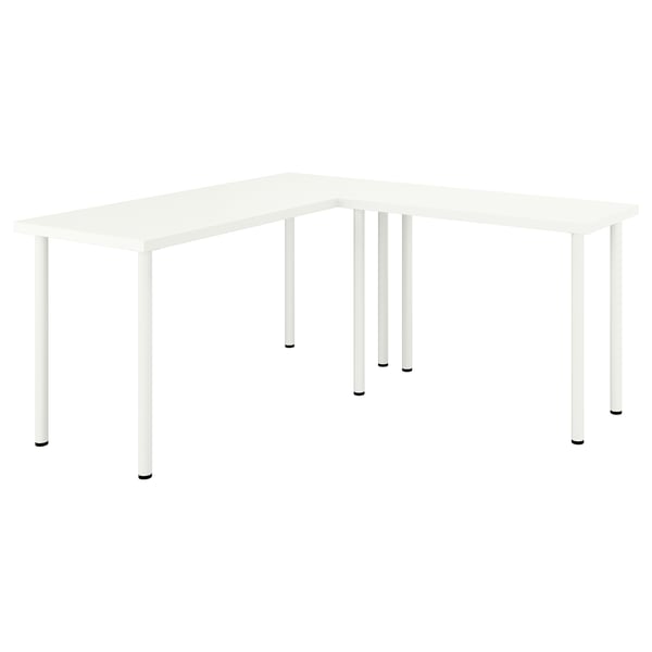A white LAGKAPTEN corner desk with a sleek design, supported by metal legs.