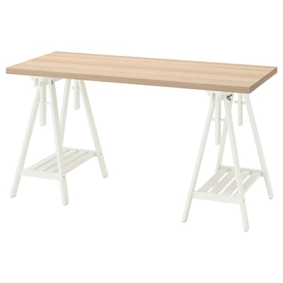 LAGKAPTEN: light wood desk, white metal trestles, rectangular, simple design.