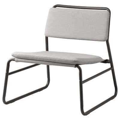 A LINNEBÄCK chair, light grey, with a metal frame, padded seat, and backrest. Modern, minimalist design.