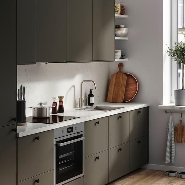 LOCKEBO Custom made worktop, off-white brown/marble effect glass composite, 1 m²x4.0 cm