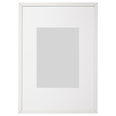 White LOMVIKEN photo frame, slim metal edge, plastic cover, square design.