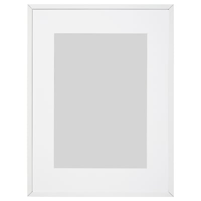 White LOMVIKEN picture frame, rectangular, slim metal edge, safe plastic front.