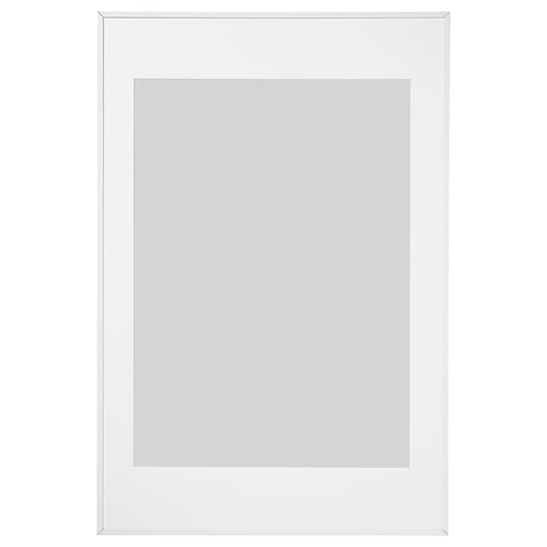 White LOMVIKEN picture frame with slim metal edge and plastic front for safety.