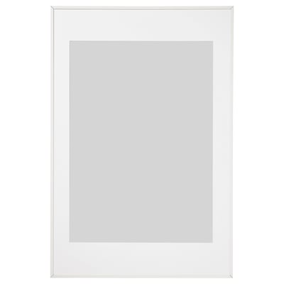 White LOMVIKEN picture frame with slim metal edge and plastic front for safety.