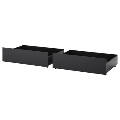 Two black MALM storage boxes with a rectangular shape and metal bases, designed for under-bed storage.