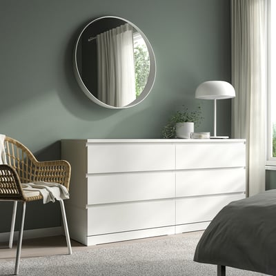 White MALM chest with mirror & lamp.