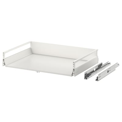 A white MAXIMERA drawer with metal runners, featuring a sleek, rectangular design.