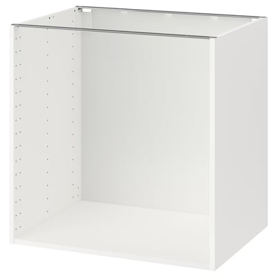 White ikea METOD kitchen base cabinet, square, with pre-drilled hole shelves and melamine finish.