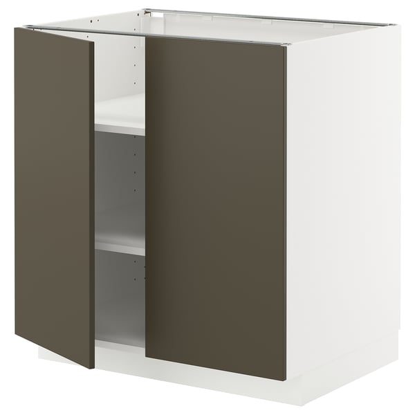 Modern kitchen cabinet with dark brown/beige doors, white body, sturdy frame, adjustable shelves.