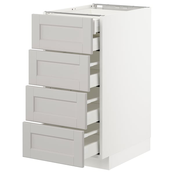 METOD kitchen unit, light grey with four drawers. Slim and modern design, made of particleboard and melamine.