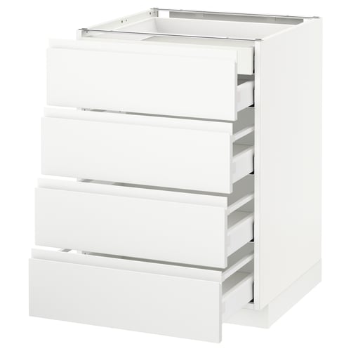 The METOD is a modern, minimalist kitchen unit in white with four smooth, self-closing drawers and a sleek design.