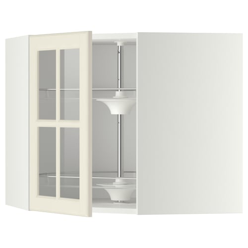 An open METOD kitchen cabinet with bodbyn glass doors in off-white, revealing a carousel inside.