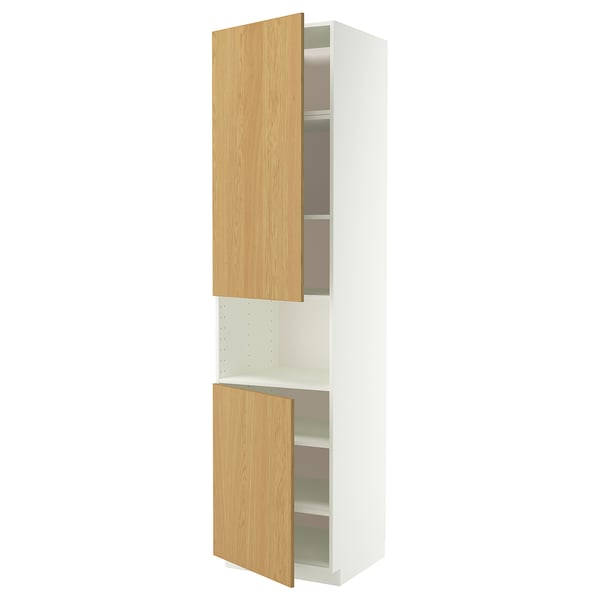 A white and light brown METOD kitchen cabinet with two open doors, revealing adjustable shelves. The cabinet a modern, tall, and rectangular design.