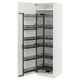 White METOD storage cabinet with pull-out shelves. Modern kitchen design, five black metal racks, clean look.