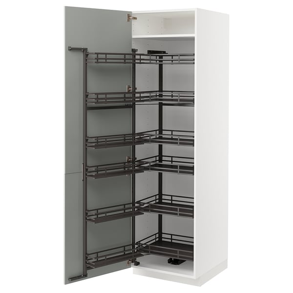 An open white METOD cabinet with pull-out shelves in light grey and black. It multiple storage levels and is designed for kitchen organisation.