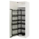 A white METOD kitchen cabinet with pull-out shelves. It multiple black metal shelves for storage.