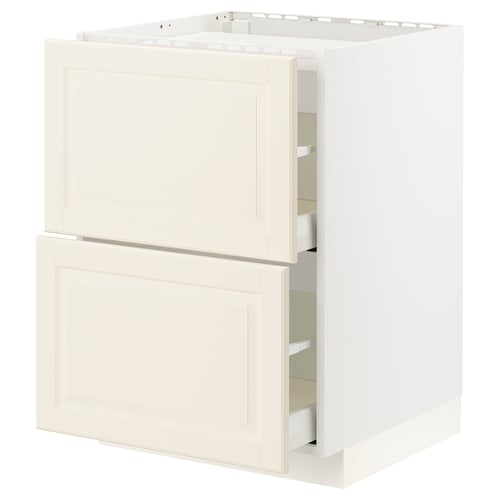A white METOD kitchen cabinet with two drawers and a door, featuring a traditional off-white bevelled design.