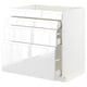 White modern kitchen storage unit with multiple drawers, sleek handles, and high gloss finish.