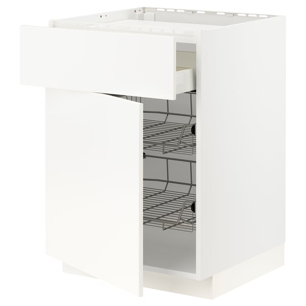 White METOD kitchen cabinet with pull-out wire baskets.